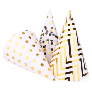 GINYOU Gold Polka Dot and Striped Party Hats Set of 10 for kids birthday celebration
