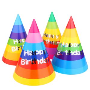 Rainbow Cone Party Hats 12-Pack — 8 Inch Birthday Hats Kids Adults