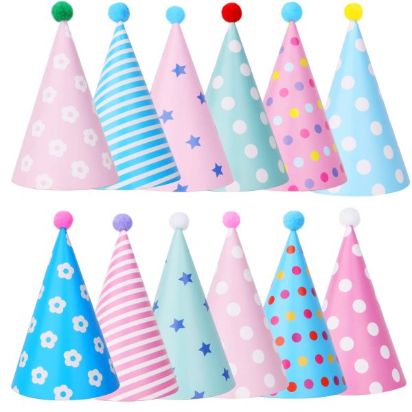 Pastel Party Hats 12-Pack with Pom Poms — 8.4 Inch Macaron Cone Hats