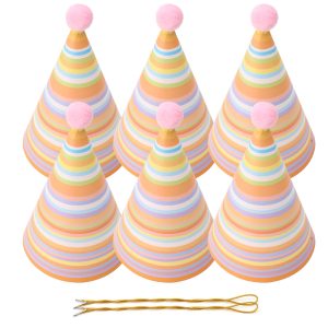 GINYOU Pink Party Cone Hats with Pom Poms — 6-Pack Pastel Stripe