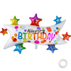 Happy Birthday Rainbow Star Foil Balloon Banner — 43 Inch Mylar Set