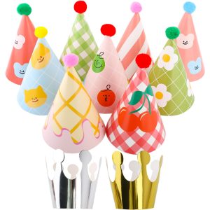 11-Piece Birthday Party Hat Set — 9 Cone Hats + 2 Foil Crowns