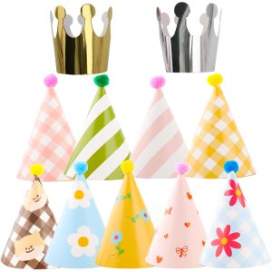 11-Pack Kids Birthday Party Hats with Pom Poms + 2 Metallic Crowns